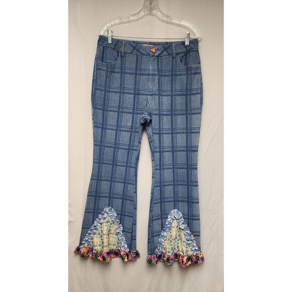 TNTNTUTU Women's Ruffled Splice Plaid Flared Pants Size XL Multicolor Blue - Picture 3 of 8